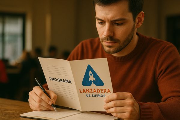 Un hombre sentado en una mesa observa con atención un folleto que sostiene con ambas manos. El folleto muestra el logotipo de un cohete y el texto ‘Lanzadera de Sueños’ junto a la palabra ‘Programa’. Con la otra mano, el hombre sostiene un bolígrafo sobre una libreta abierta, como si estuviera tomando notas.