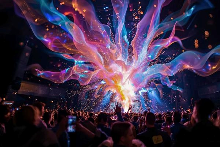Explosión de luz y color en un evento numeroso en interiores, con una multitud capturando el momento con sus móviles. En el centro, una ráfaga de humo y luces multicolores (rosas, azules, naranjas y violetas) se eleva en espiral, creando una atmósfera vibrante y envolvente. Imagen creada con inteligencia artificial que representa la creatividad en un evento del centro CPIFP Bajo Aragón.