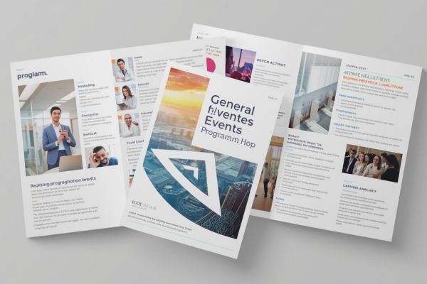 Folleto de un programa de eventos compuesto por una portada y dos páginas interiores abiertas. La portada muestra un diseño moderno con colores cálidos y una imagen aérea de una ciudad, junto al título del evento. Las páginas interiores incluyen varias secciones con textos, listas de actividades, horarios, fotografías de participantes y espacios dedicados a ponencias y talleres. El diseño es limpio y profesional, con columnas organizadas e imágenes que acompañan la información.