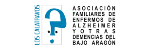 Logotipo de la Asociación A.F.E.D.A.B.A. Los Calatravos, Asociación de Familiares de Enfermos de Alzheimer y otras Demencias del Bajo Aragón, con un símbolo azul y el nombre de la entidad.