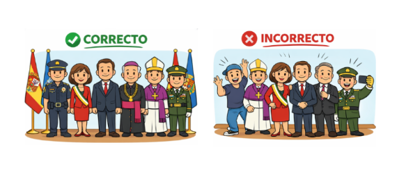 Imagen que muestra el protocolo correcto en actos oficiales del Ayuntamiento de Alcañiz, destacando la colocación formal y el respeto institucional.